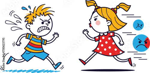 Cartoon angry kids running, boy and girl chasing each other, emotional conflict, funny children argument, vector illustration with expressions