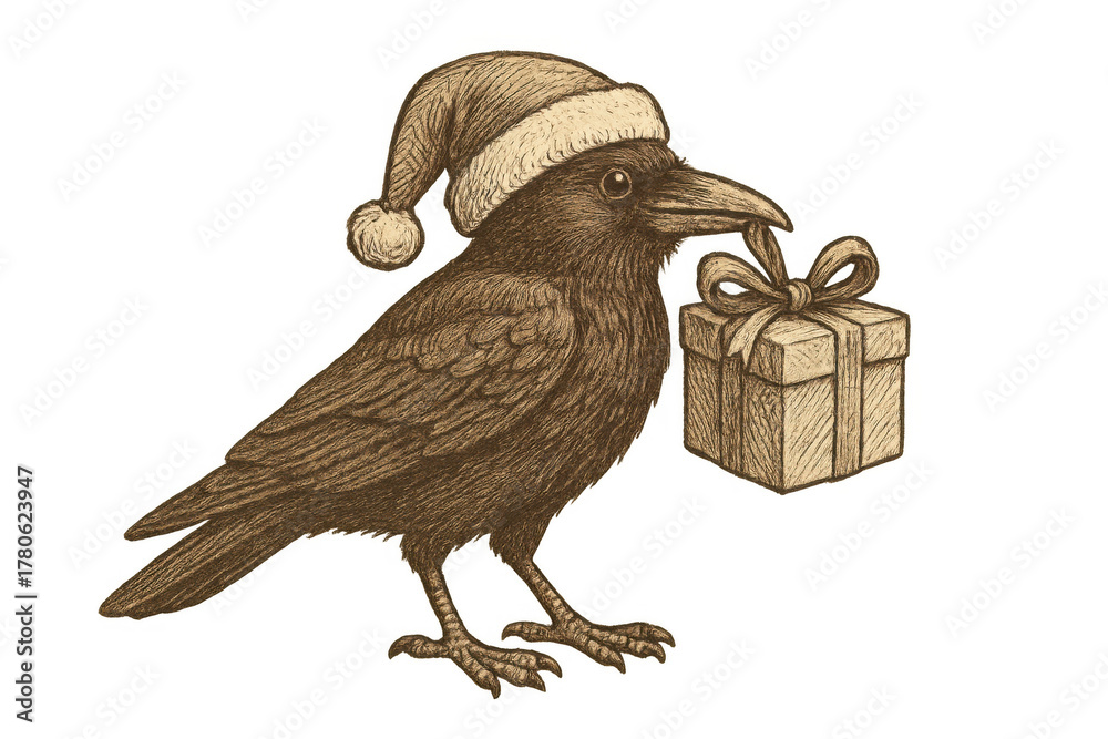 Fototapeta premium Crow wearing a santa hat holding a christmas gift, vintage sepia illustration with transparent background, holiday season delivery