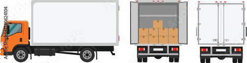 WebBox Truck Views – Side Profile, Open Cargo with Boxes, and Closed Rear Doors for Delivery, Transport, and Logistics Illustration
