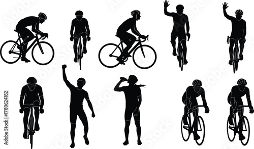 Cycling Silhouette Collection – Dynamic Poses of Cyclists in Motion, Celebration, Hydration, and Group Riding for Sports Illustration Use