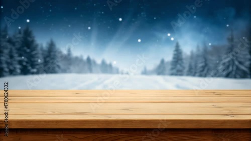 Earthy Pine Wood Tabletop with Starlit Night Sky and Snowy Landscape motion video