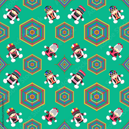 Cute Tribal Doll and Colorful Geometric Seamless Pattern, Fun Ethnic Textile Design
