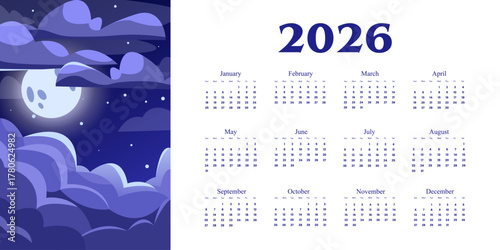 One-page 2026 night sky calendar with moon and clouds to create a fabulous wall art and desktop wallpaper