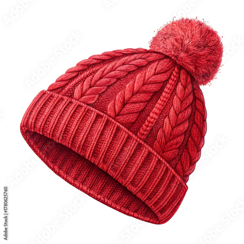 Red Knitted Winter Hat with Pom Pom