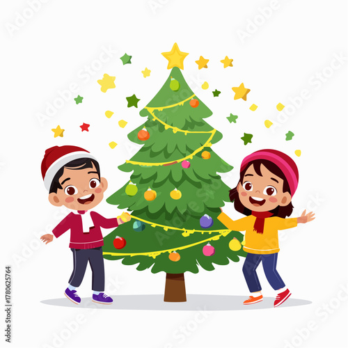 Festive Christmas Preparations: Two joyful children decorate a vibrant Christmas tree with colorful ornaments, filled with the spirit of the holiday season, radiating warmth and excitement.