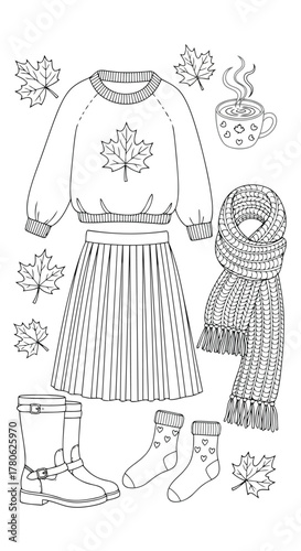 Vector illustration of autumn outfit with sweater, skirt, boots, socks, scarf, and hot drink with maple leaf decoration