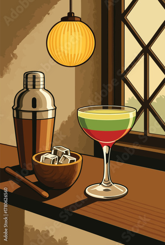 Vector illustration of cocktail shaker, ice cubes in a bowl, and a layered cocktail in a coupe glass on a bar counter