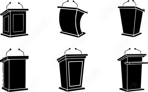 black and white illustrations of different podium designs with attached microphones, variety of shapes