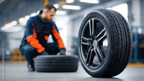 Automotive technician in blue and orange coveralls is changing tires in a well-lit garage, showcasing the tire replacement process with tools and equipment nearby