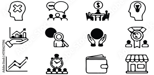 Business Icons Set, Collection Of Brain Chart And Wallet Symbols For Corporate Design Project Management And Finance Applications

