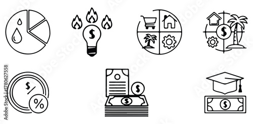Finance Icons Set, Collection Of Pie Chart Lightbulb And Dollar Symbols For Business Design Project Management And Investment Applications

