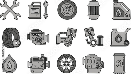 Automotive repair icons set, car parts, engine piston, brake disc, oil filter, wheel rim, motor oil, tools, maintenance, service
