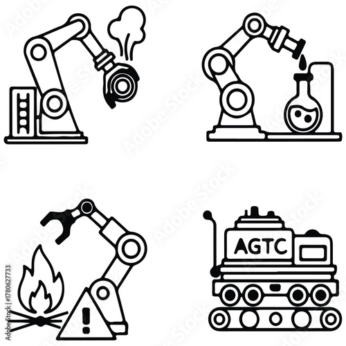 Industrial Robot Icons, Set Of Factory Automation And Chemical Lab Symbols For Tech Design Project Management And Manufacturing Applications

