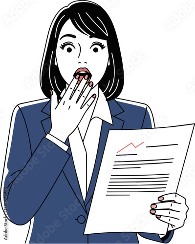 Create a kinds of deferent simple vector illustration of a woman in a suit surprised at a document vector art with white background..