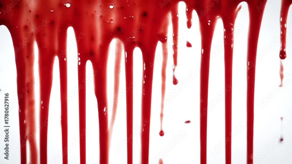 Vivid red blood drips and splatters down a pristine white background creating a chilling and intense visual effect perfect for horror crime or medical themes.