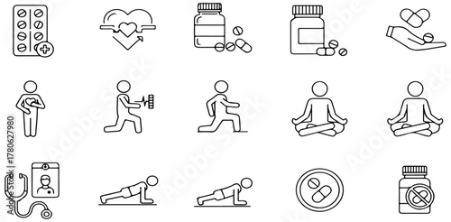 Health Fitness Icons, medicine wellness exercise yoga pills supplements medical checkup workout posture stethoscope and healthcare outline symbols for wellbeing treatment and active lifestyle design