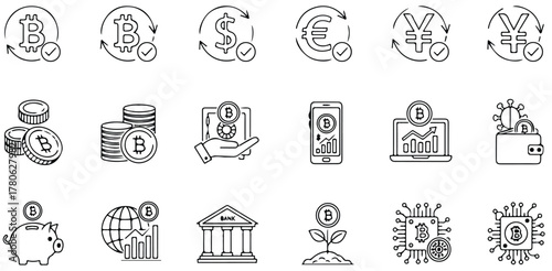 Currency Icons Set, Collection Of Bitcoin Dollar Euro And Yen Symbols For Finance Design Project Management And Global Applications

