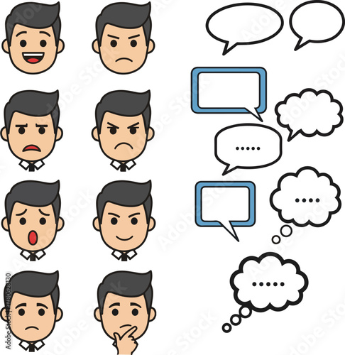 Create a kinds of deferent set of simple facial expression icons and speech bubbles of young businessmen vector art with white background..