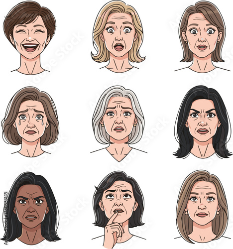 Create a kinds of deferent Middle-aged woman facial expression variation set vector art with white background