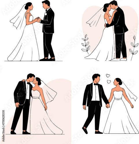 Create a kinds of deferent simple vector illustration of a bride and groom getting married vector art with white background.