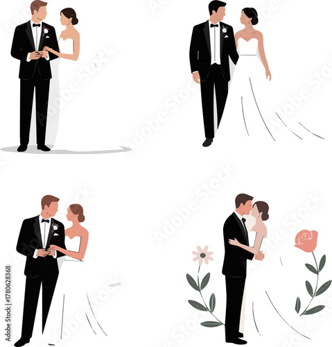 Create a kinds of deferent simple vector illustration of a bride and groom getting married vector art with white background.