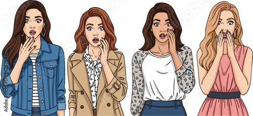 Create a kinds of deferent Simple vector illustration of a shocked stylish young woman vector art with white background.