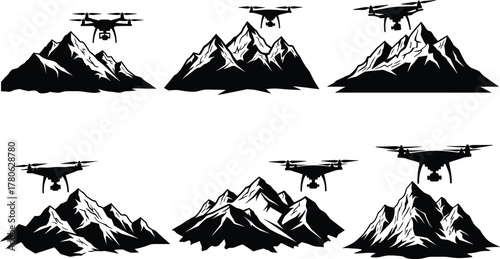 Drone flying over mountain landscape, aerial surveillance, nature exploration, quadcopter technology, rugged terrain, black and white illustration, adventure concept