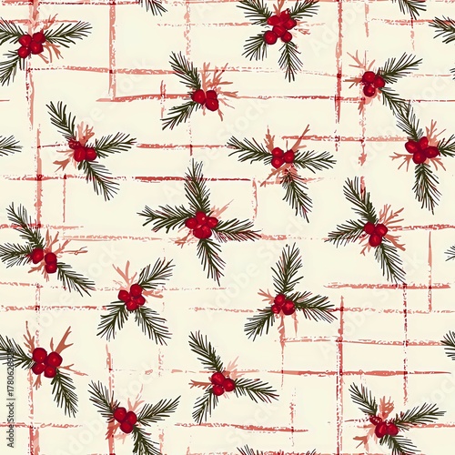 Holiday pattern featuring sprigs of green pine needles and vibrant red berries