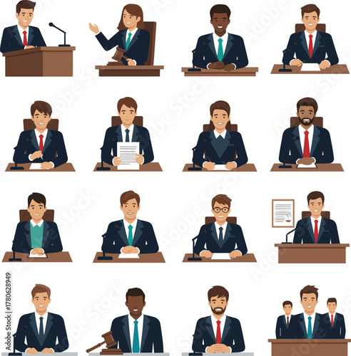 Create a kinds of deferent Simple vector illustration of a young businessman conducting a hearing vector art with white background..