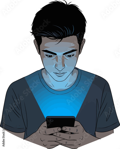 Create a kinds of deferent Simple vector illustration of a young man watching a video on a smartphone vector art with white background.