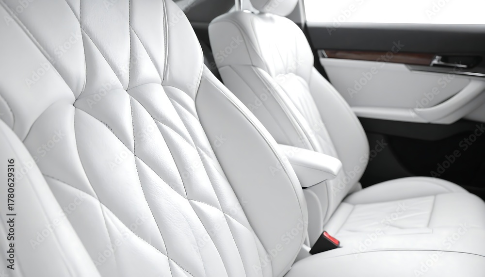 Fototapeta premium Interior car seats featuring white leather upholstery, detailed quilting, and sleek modern design