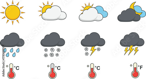 Weather forecast icons set with sun, clouds, rain, snow, thunderstorm, moon, thermometer Celsius Fahrenheit, climate conditions vector illustration