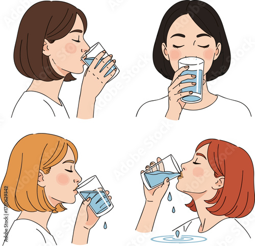 Create a kinds of deferent Simple vector illustration of a young woman drinking water from a glass vector art with white background.