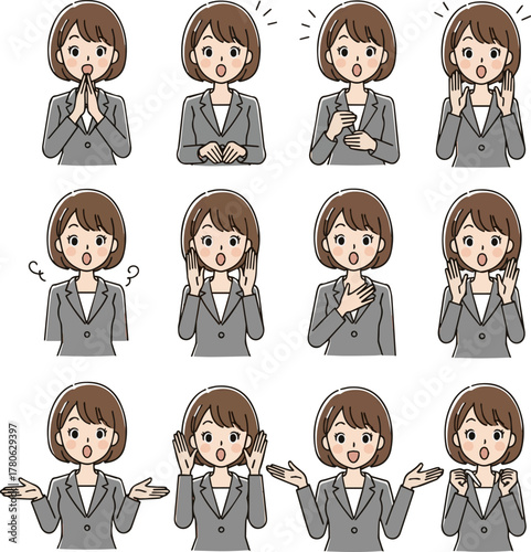 Create a kinds of deferent Simple vector illustration of an impressed young businesswoman vector art with white background..