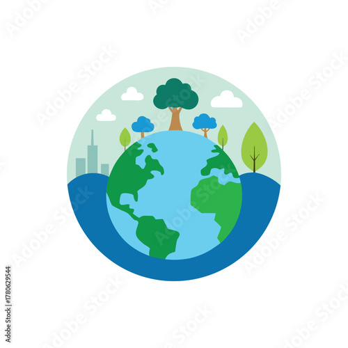 Planet Earth in water with trees and city silhouette globe ocean