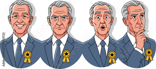 Create a kinds of deferent Various facial expression variation set of senior men in suits wearing badges vector art with white background..