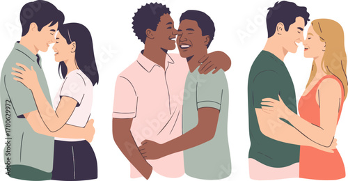 Create a kinds of deferent young couple in love vector art with white background.