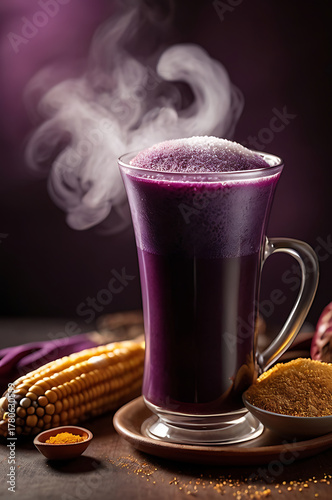 Bolivian Api Morado Drink with Fried Pastel – Traditional Andean Purple Corn Beverage and Bolivian Pastry. 