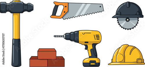 Construction tools, hammer, saw, drill, bricks, safety helmet, circular saw, building equipment, handyman gear, repair tools, industrial work, carpentry, DIY
