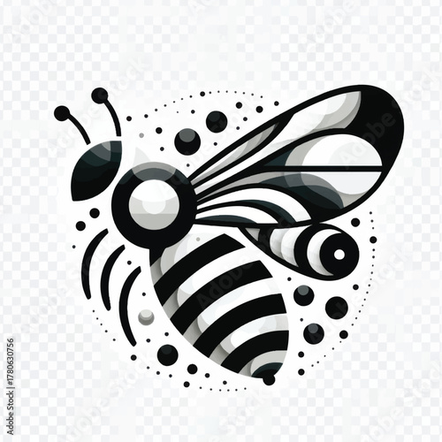 Stylized black and white bee graphic illustration icon.
