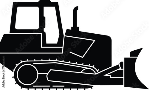 Bulldozer silhouette, construction equipment, heavy machinery, industrial vehicle, black and white, earth mover, excavation, rugged terrain, operator cabin, powerful blade