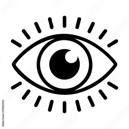 Eye icon with radiating lines symbolizing vision, awareness, and insight, ideal for design, security, and health themes