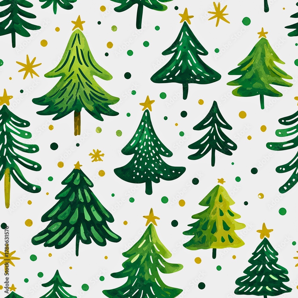 Obraz premium Festive Christmas tree pattern with gold stars and dots creating a joyful holiday atmosphere. This repeating design is perfect for wrapping paper, cards or other festive creations. 