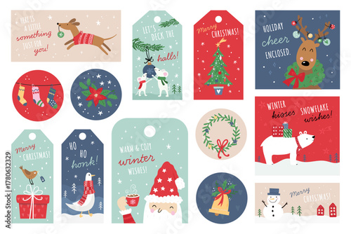 Cute hand drawn Christmas elements with fun animals and festive decoration - vector design