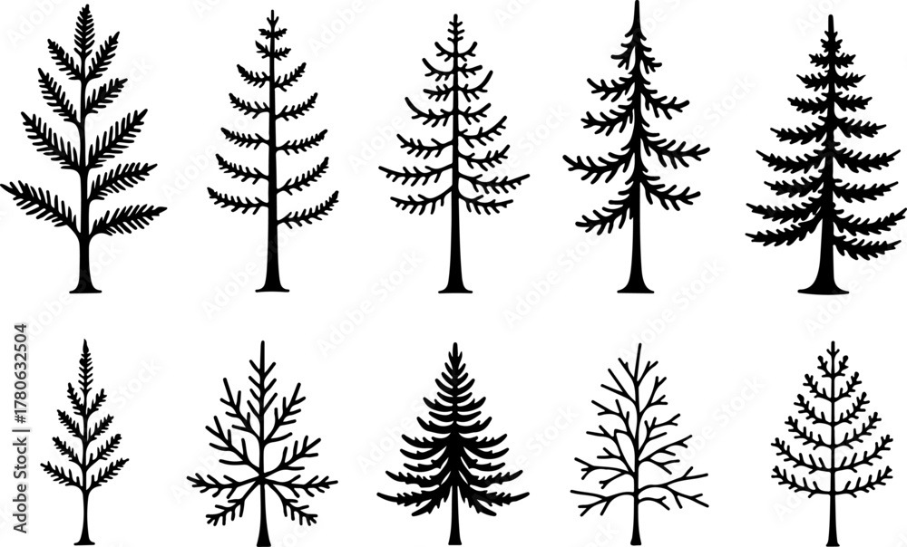 Naklejka premium Vintage Evergreen Tree Silhouette Set