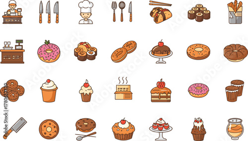 Bakery, cooking, dessert, cupcake, donut, cookie, cake, chef, kitchen tools, food icons, sweets, pastry, restaurant, culinary, illustration, vector, cartoon, colorful, flat design, silhouette
