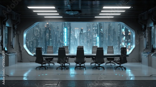 Futuristic Conference Room With Cityscape View
