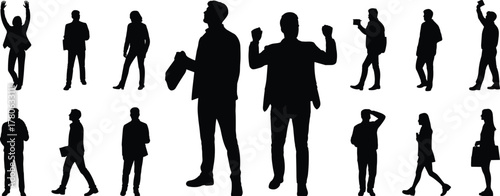 Business silhouettes, professional poses, corporate people, teamwork concept, office workers, leadership, communication, success, career, diversity, standing, walking, confident, formal