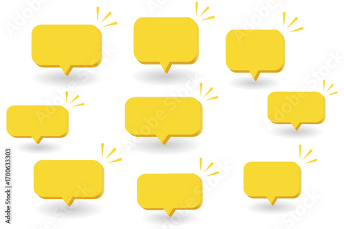 Quote box frame set, Yellow speech bubbles isolated vector set. 3D Chat bubble in yellow, Speech bubble sign and symbol, Quote box icon. Vector illustration.	