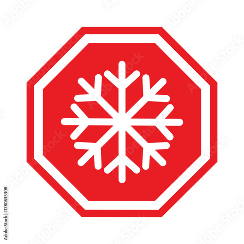 Bold vector illustration: White snowflake icon centered in a red octagon with a white border. A clean, flat design symbol for freezing temperature warning, frost, cold weather, or winter stop signage.